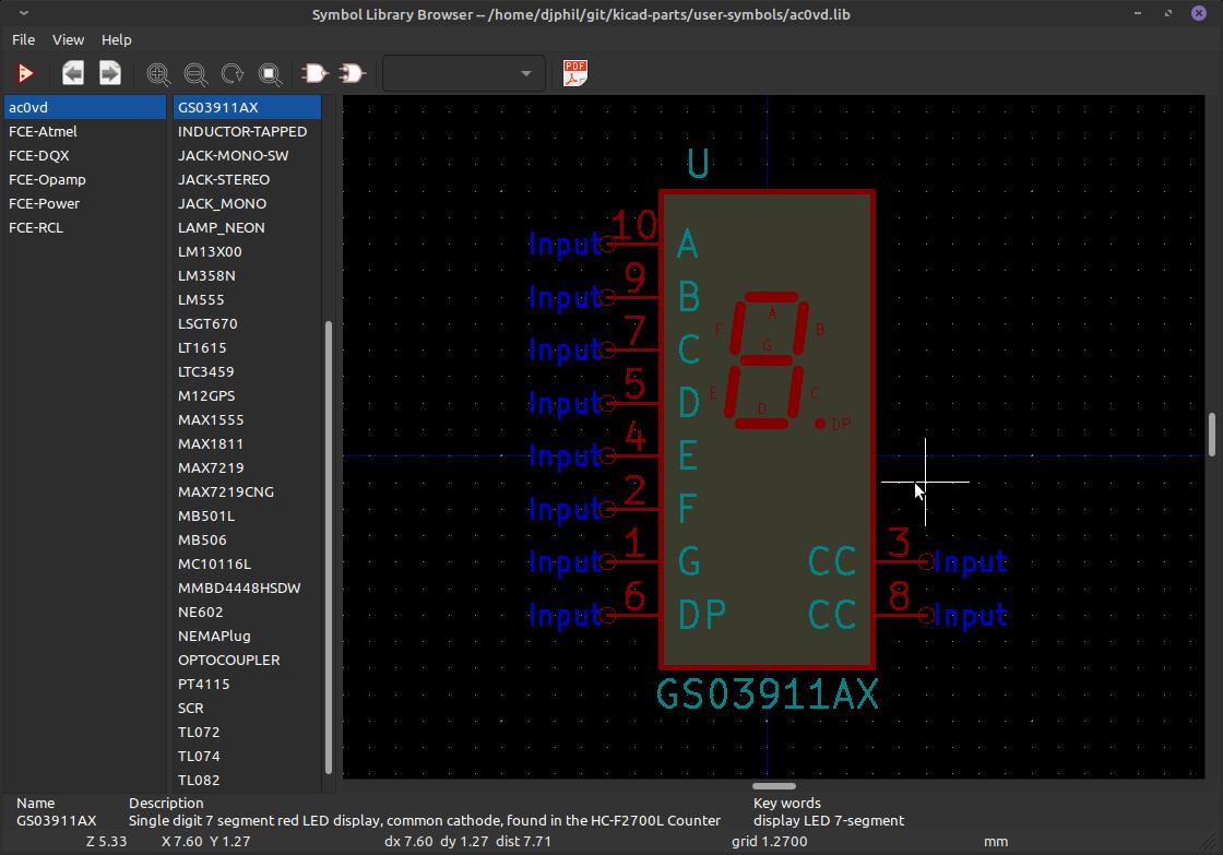 Mmmm, seven segments. The AC0VD Library in the Kicad Symbol Library Browser.
